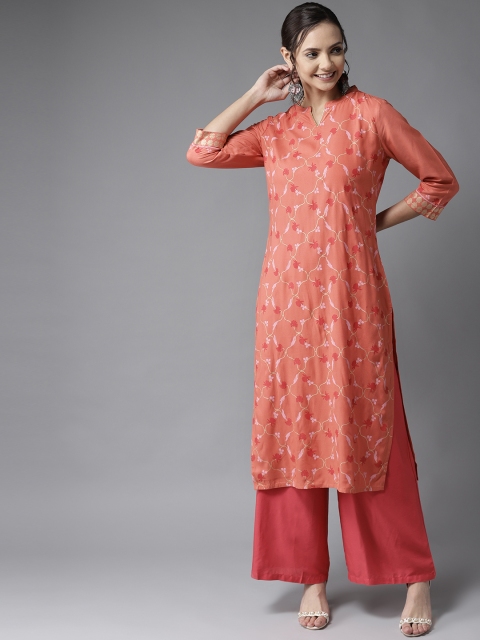 

HERE&NOW Women Peach-Coloured & Golden Printed Straight Kurta