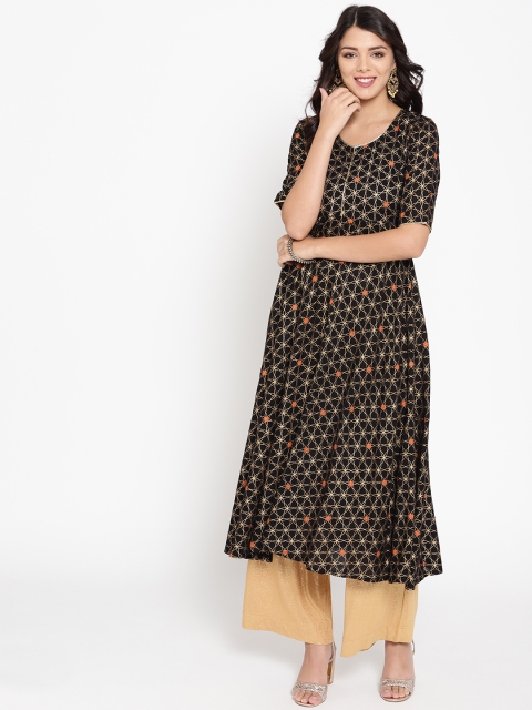 

HERE&NOW Women Black & Golden Printed A-Line Kurta
