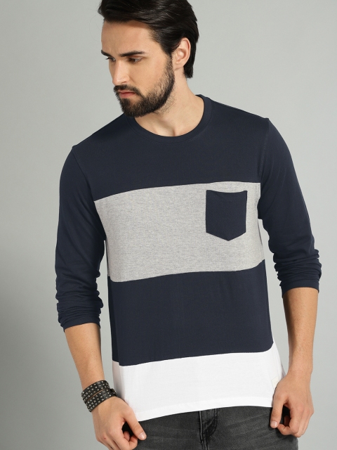 

The Roadster Lifestyle Co Men Navy Blue Grey Melange Colourblocked Round Neck Pure Cotton T-shirt