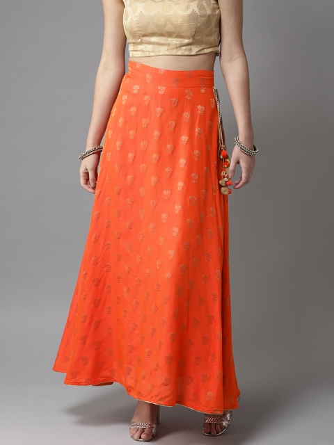 

Moda Rapido Women Orange & Golden Woven Design A-Line Maxi Skirt