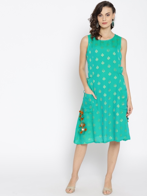 

Moda Rapido Women Green & Golden Self Design A-Line Dress
