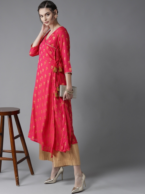 

Moda Rapido Women Pink & Golden Floral Woven Design Angrakha A-Line Kurta