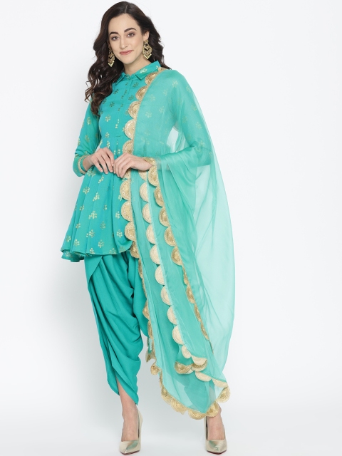 

Moda Rapido Women Green & Golden Woven Design Kurti with Dhoti Pants & Dupatta