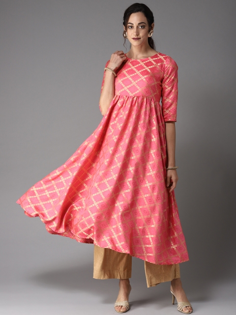 

Moda Rapido Women Pink & Golden Woven Design Anarkali Kurta
