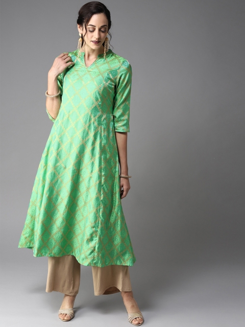 

Moda Rapido Women Green & Golden Woven Design A-Line Kurta