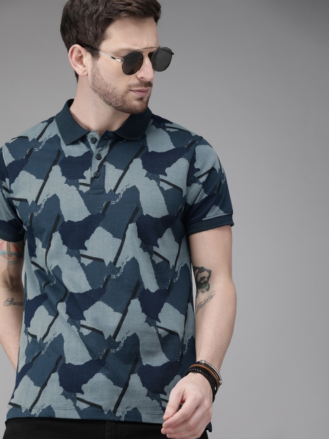 

Roadster Men Blue & Grey Printed Polo Collar T-shirt