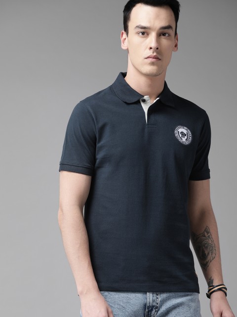 

The Roadster Lifestyle Co Men Navy Blue Solid Polo Collar Pure Cotton T-shirt