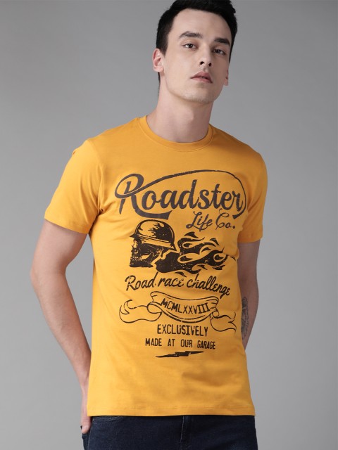 

Roadster Men Mustard Yellow & Brown Printed Round Neck T-shirt