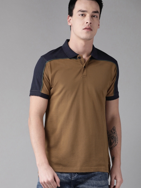 

The Roadster Lifestyle Co Men Brown & Navy Blue Colourblocked Polo Collar T-shirt