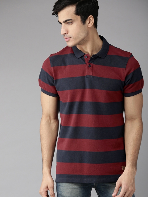 Men Navy & Maroon Striped Polo Collar T-shirt