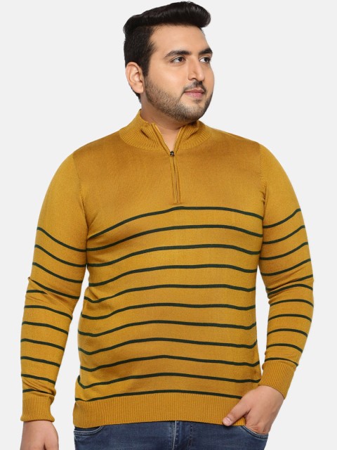 

aLL Plus Size Men Mustard Yellow Teal Green Striped Front-Open Sweater