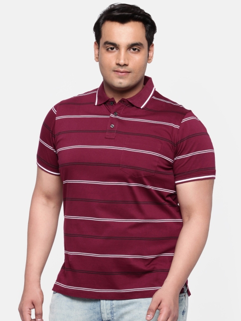 

aLL Plus Size Men Burgundy White Striped Polo Collar T-shirt with Pocket