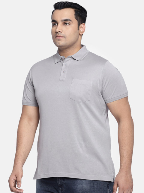 

aLL Plus Size Men Grey Solid Polo Collar T-shirt