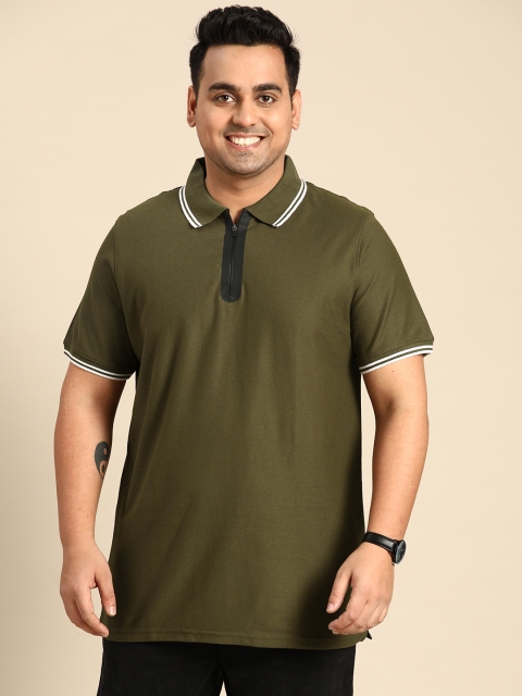 

aLL Plus Size Men Olive Green Solid Spread Collar T-shirt