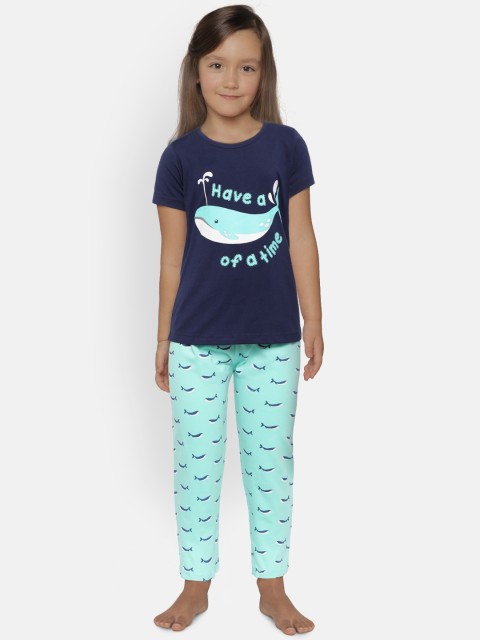 

Nite Flite Girls Navy Blue & Mint Green Printed Night Suit