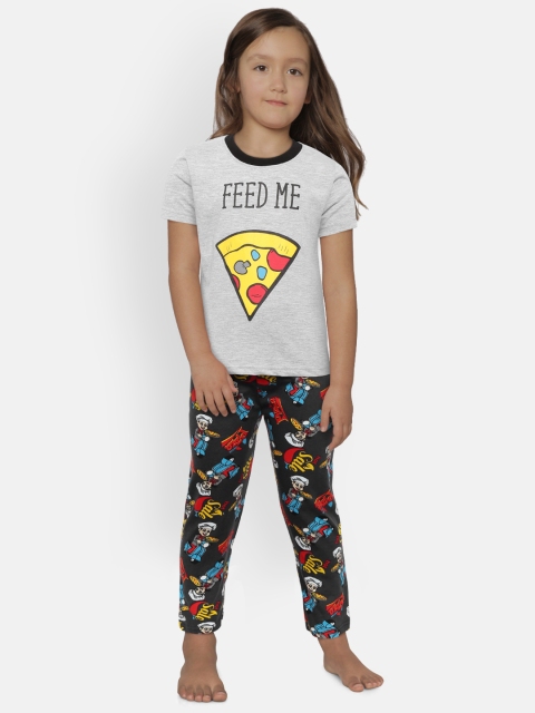 

Nite Flite Girls Grey Melange & Navy Blue Printed Night Suit