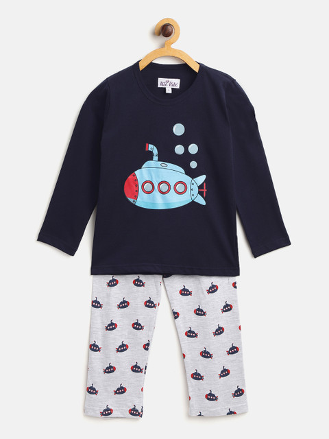 

Nite Flite Boys Navy Blue & Grey Melange Printed Night Suit