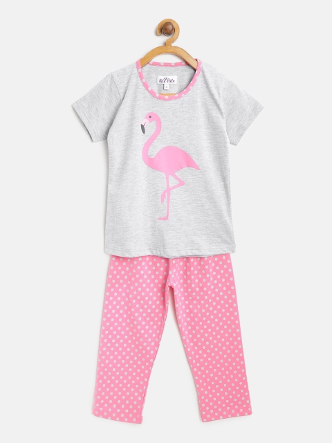

Nite Flite Girls Grey Melange & Pink Printed Night Suit