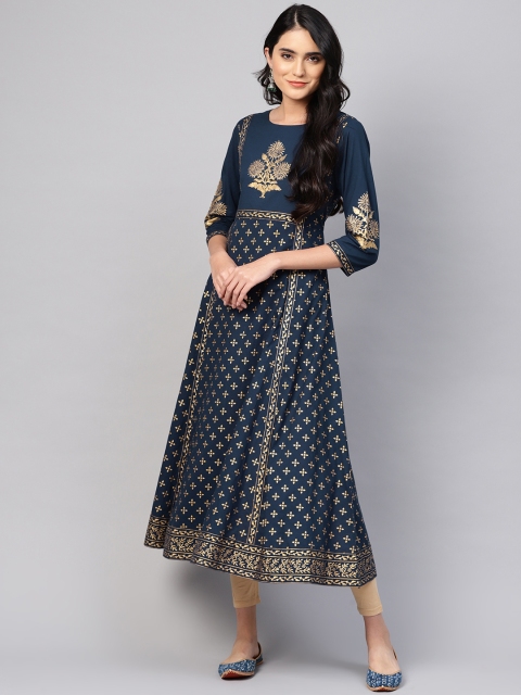 

Varanga Women Teal Blue & Golden Printed A-Line Kurta