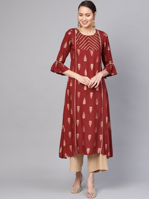 

Varanga Women Maroon & Golden Foil Print A-Line Kurta