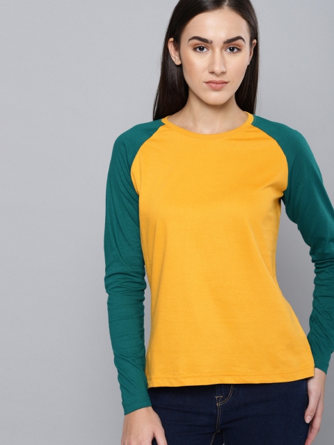 

DILLINGER Women Mustard Yellow Teal Green Solid Round Neck Pure Cotton T-shirt