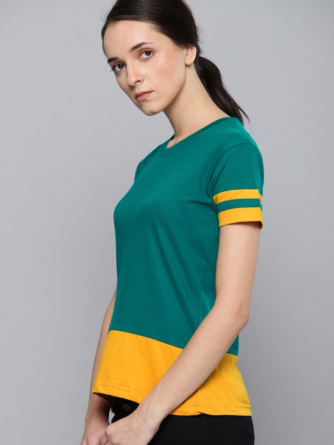

DILLINGER Women Green Mustard Yellow Colourblocked Round Neck Pure Cotton T-shirt