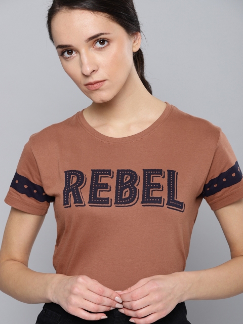 

DILLINGER Women Brown Printed Round Neck Pure Cotton T-shirt