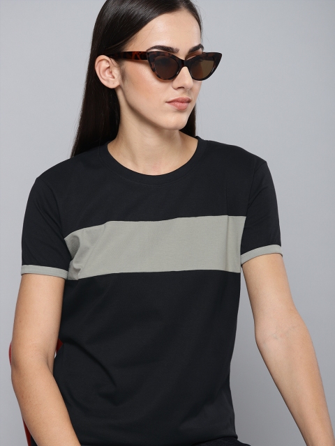 

DILLINGER Women Black & Grey Colourblocked Round Neck T-shirt