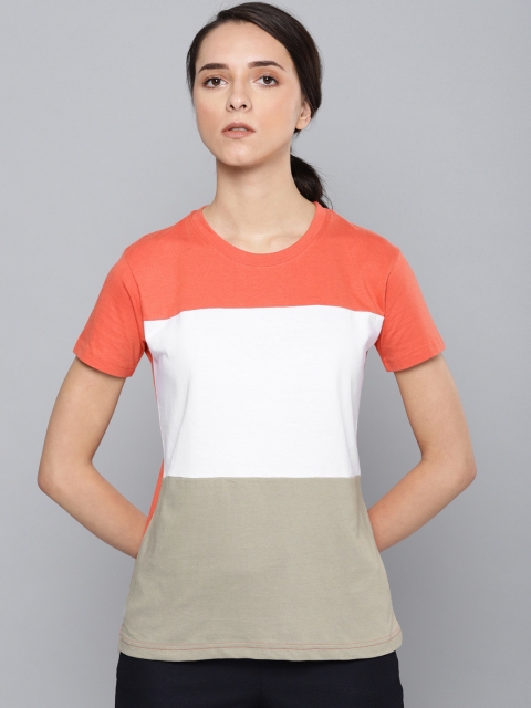 

DILLINGER Women Coral Pink White Colourblocked Round Neck Pure Cotton T-shirt