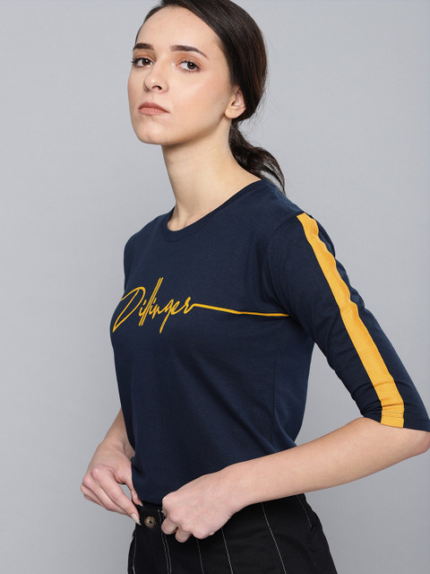 

DILLINGER Women Navy Blue Printed Round Neck Pure Cotton T-shirt