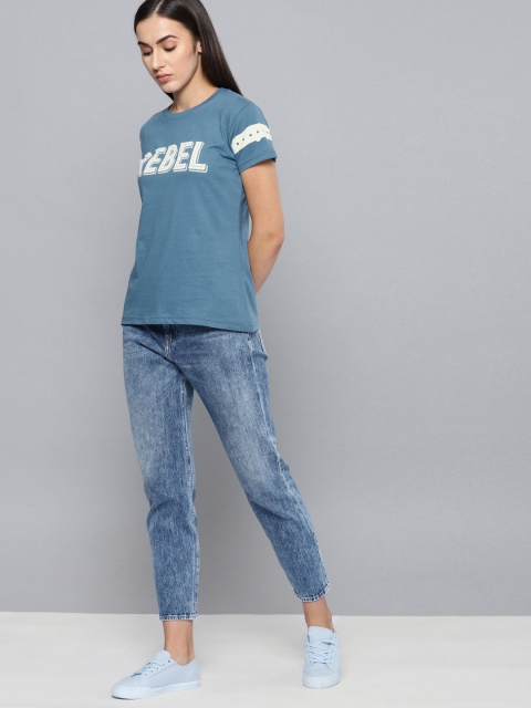 

DILLINGER Women Teal Blue Printed Round Neck T-shirt