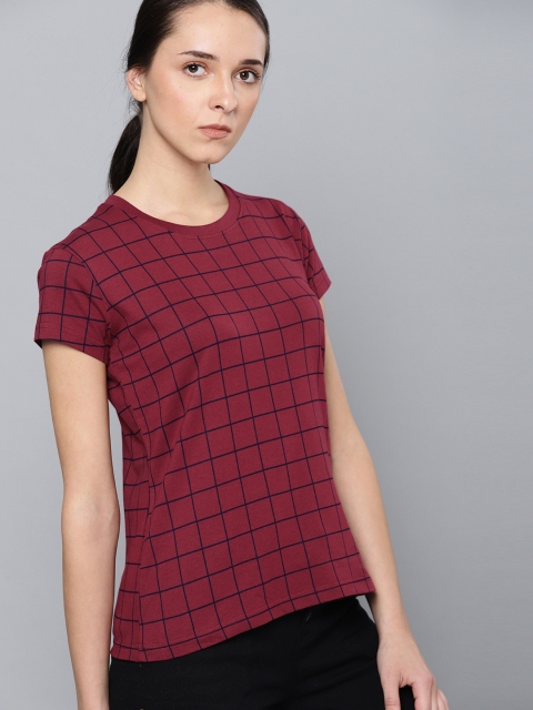 

DILLINGER Women Maroon & Black Checked Round Neck T-shirt