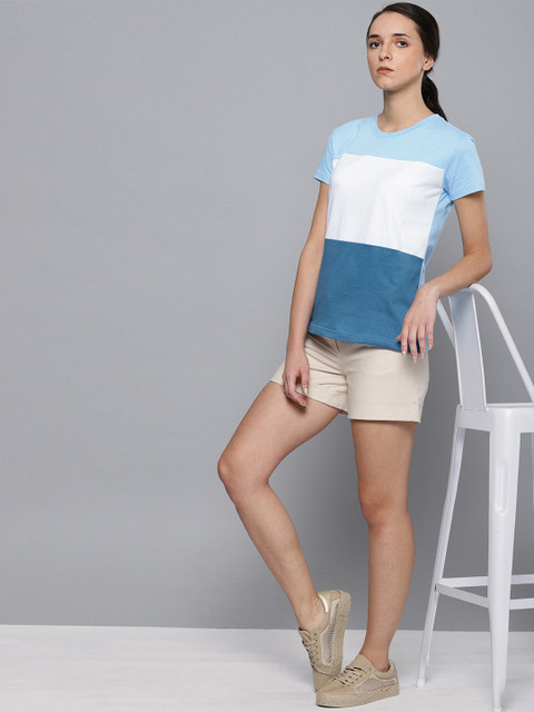 

DILLINGER Women Blue White Colourblocked Round Neck Pure Cotton T-shirt
