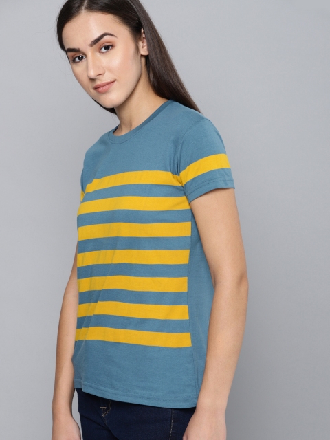 

DILLINGER Women Blue & Yellow Striped Round Neck T-shirt