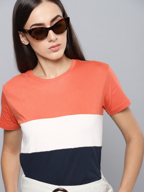 

DILLINGER Women Coral Pink Navy Blue Colourblocked Round Neck Pure Cotton T-shirt