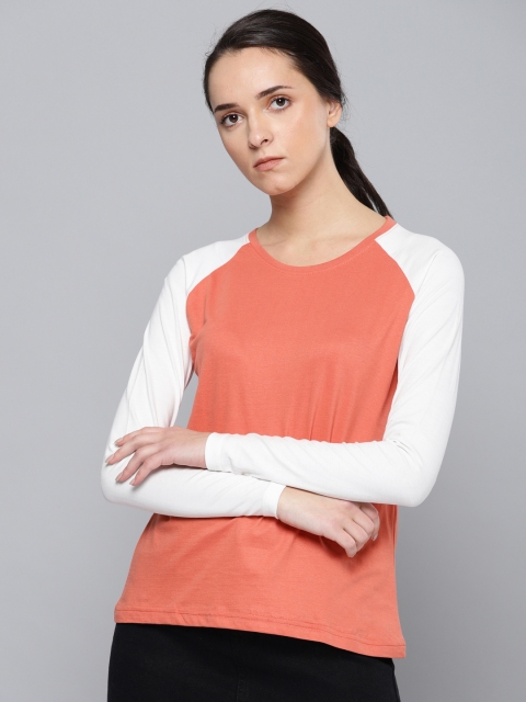 

DILLINGER Women Coral Pink & White Solid Round Neck T-shirt