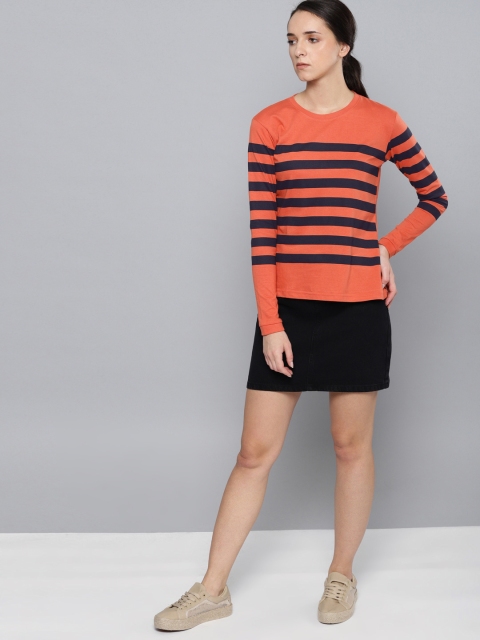 

DILLINGER Women Rust Orange Navy Blue Striped Round Neck Pure Cotton T-shirt