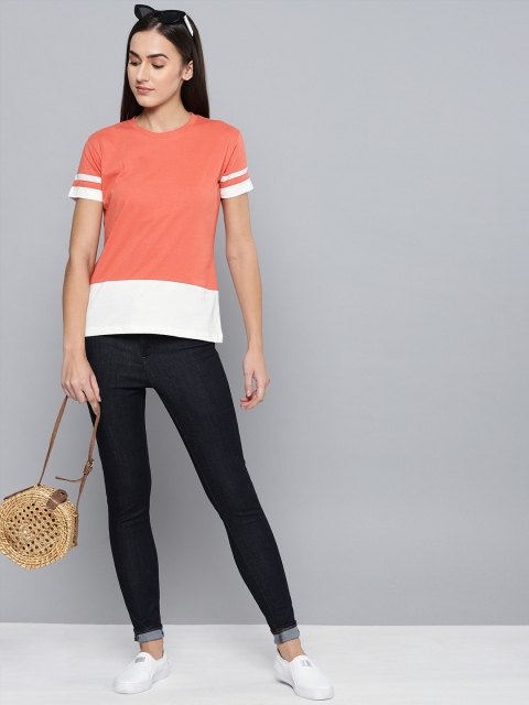 

DILLINGER Women Coral Orange Off-White Colourblocked Round Neck Pure Cotton T-shirt