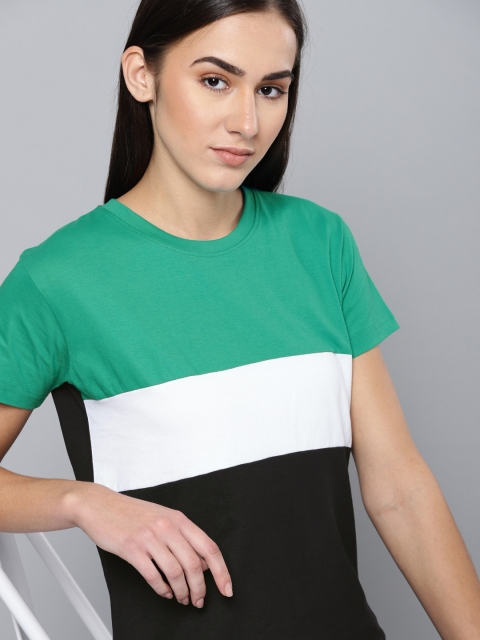 

DILLINGER Women Teal Green & Black Colourblocked Round Neck T-shirt