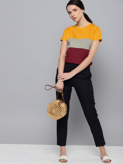 

DILLINGER Women Mustard Yellow Maroon Colourblocked Round Neck Pure Cotton T-shirt