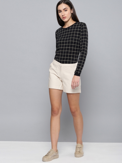 

DILLINGER Women Black & Beige Checked Round Neck T-shirt