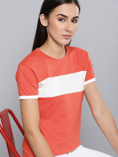 

DILLINGER Women Coral Pink White Colourblocked Round Neck Pure Cotton T-shirt