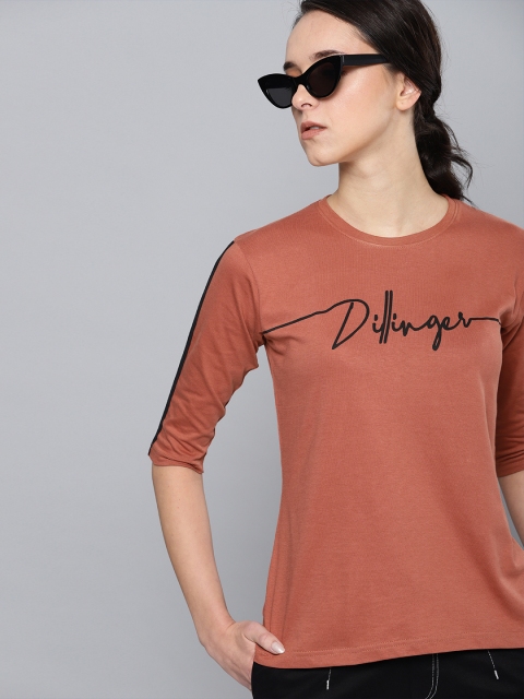 

DILLINGER Women Rust Brown Printed Round Neck T-shirt