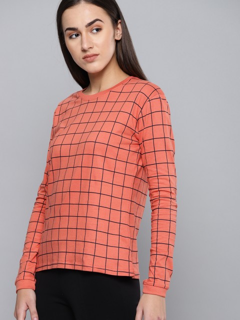 

DILLINGER Women Coral & Black Checked Round Neck T-shirt