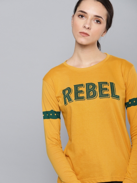 

DILLINGER Women Mustard Yellow Printed Round Neck Pure Cotton T-shirt