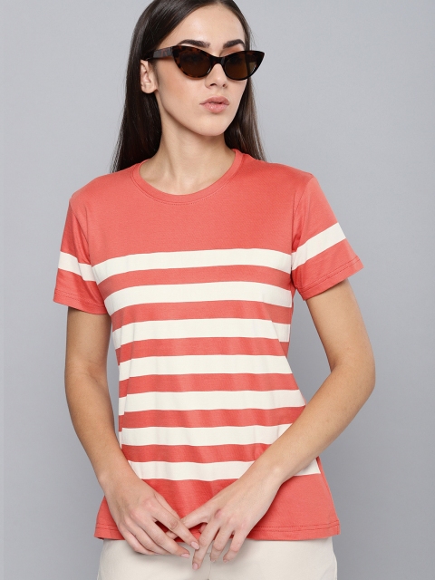 

DILLINGER Women Orange Peach-Coloured Striped Round Neck Pure Cotton T-shirt