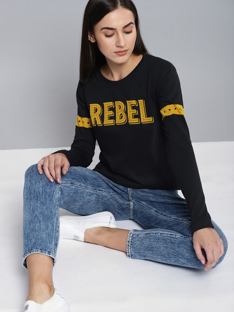 

DILLINGER Women Black Mustard Yellow Printed Round Neck Pure Cotton T-shirt