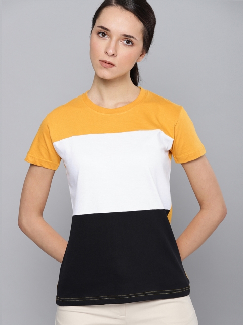 

DILLINGER Women Mustard Yellow White Colourblocked Round Neck Pure Cotton T-shirt