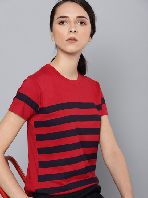 

DILLINGER Women Red Navy Blue Striped Round Neck Pure Cotton T-shirt