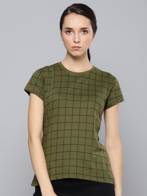 

DILLINGER Women Olive Green & Black Checked Round Neck T-shirt